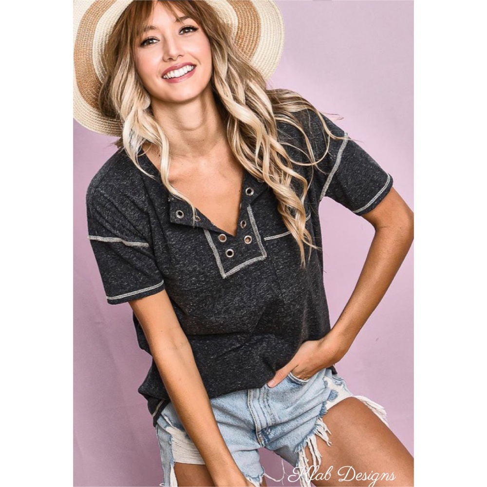 ❤️LAST 1! Super Soft Eyelet Detail Charcoal Henley Top! - Picture 2 of 11
